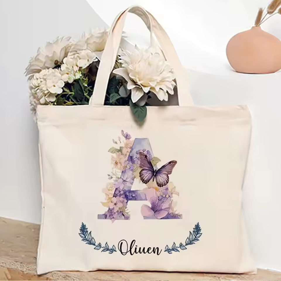 Flower Butterfly Letter Personalized Name Canvas Tote Bag Organizer Romantic Wedding Bridesmaid Party Gift Handbag Shoulder Bags