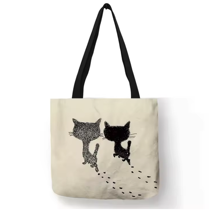 Black and White Cat Art Print Canvas Tote Bag