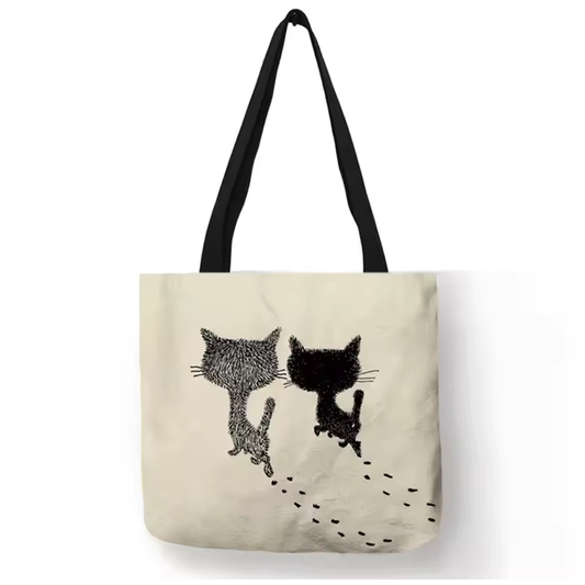 Black and White Cat Art Print Canvas Tote Bag