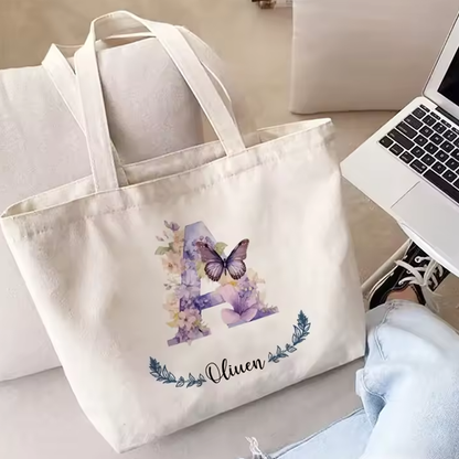 Flower Butterfly Letter Personalized Name Canvas Tote Bag Organizer Romantic Wedding Bridesmaid Party Gift Handbag Shoulder Bags