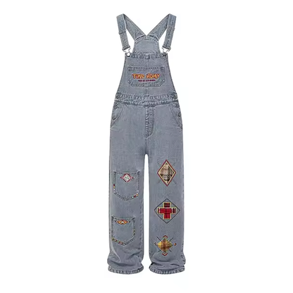 Vintage Aesthetic Women's Cargo Jeans Retro Embroidery Patchwork Loose Pants Trousers Jumpsuit for Women Men Y2k Streetwear