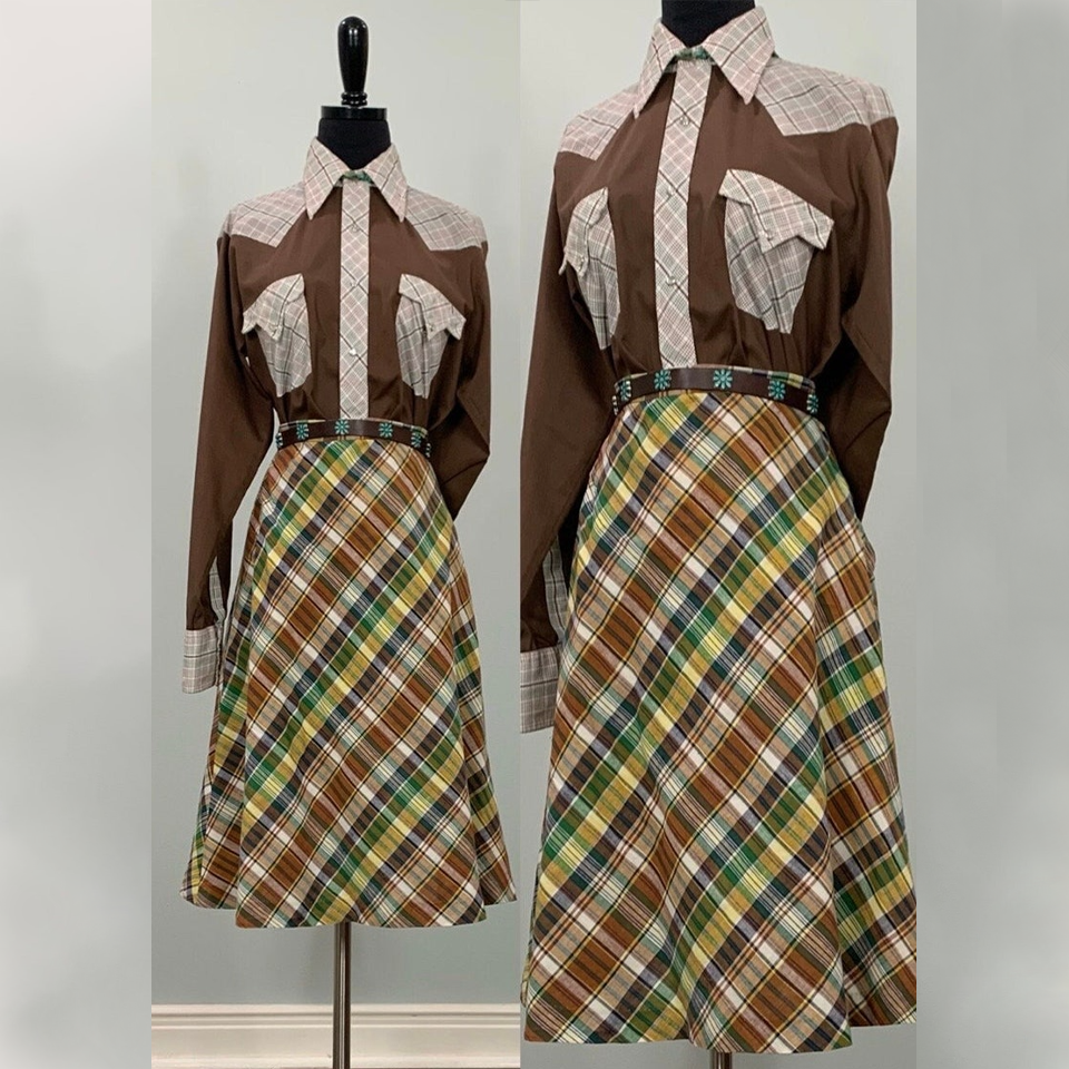 Vintage Brown and Yellow Plaid Lightweight Circle Skirt